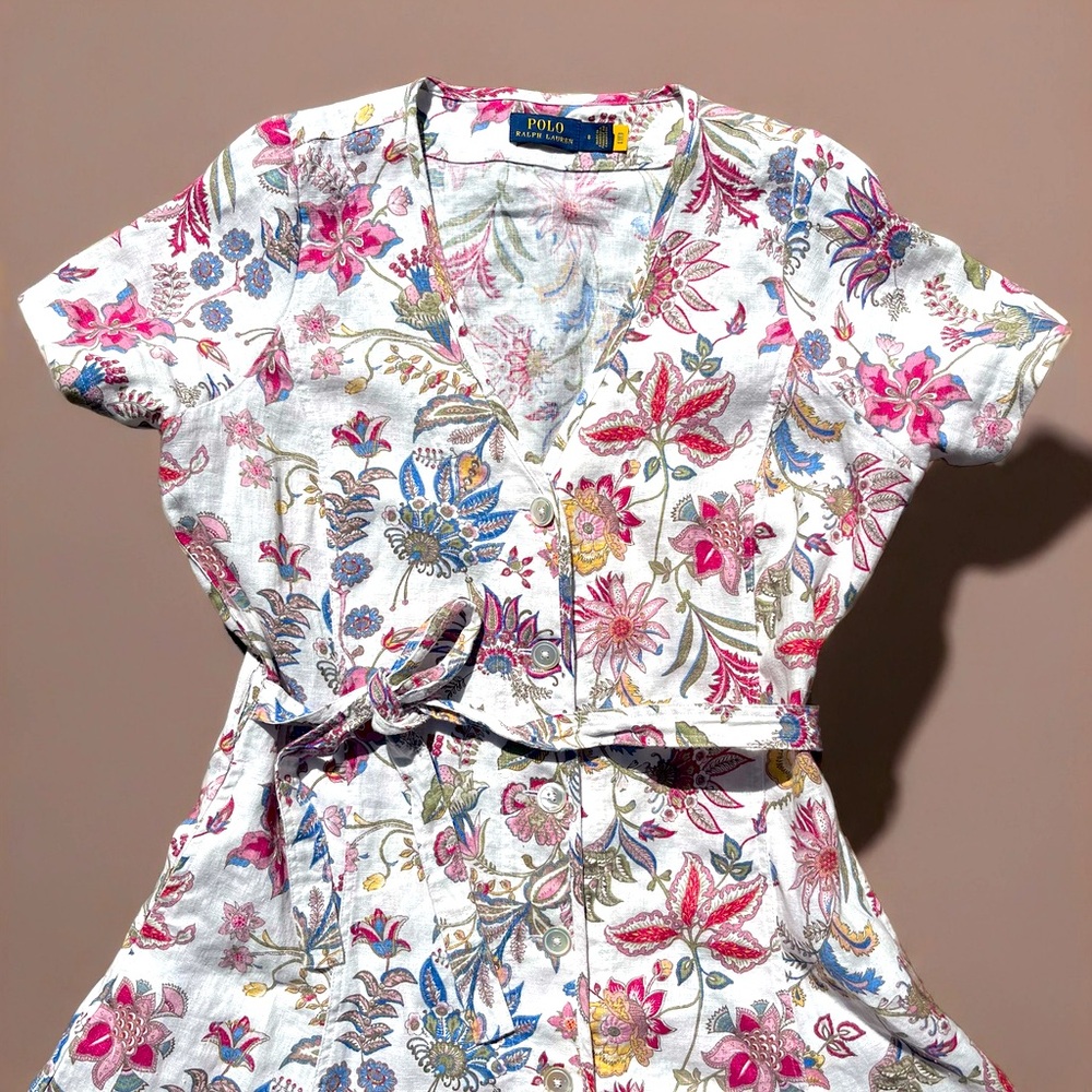 Polo Ralph Lauren Floral 100% Linen V-Neck Midi Dress Pink Elegant 8/M - Picture 3 of 16